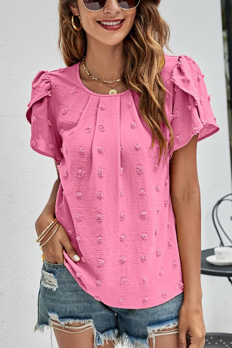 CWTBLS0342_Round neck Short Puff Sleeve Blouse