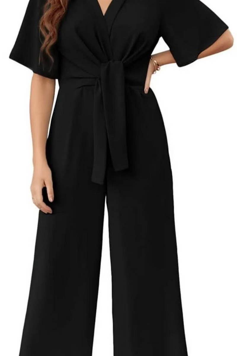 CWSJS1693_SOLID COLOR V-NECK SHORT SLEEVE JUMPSUIT