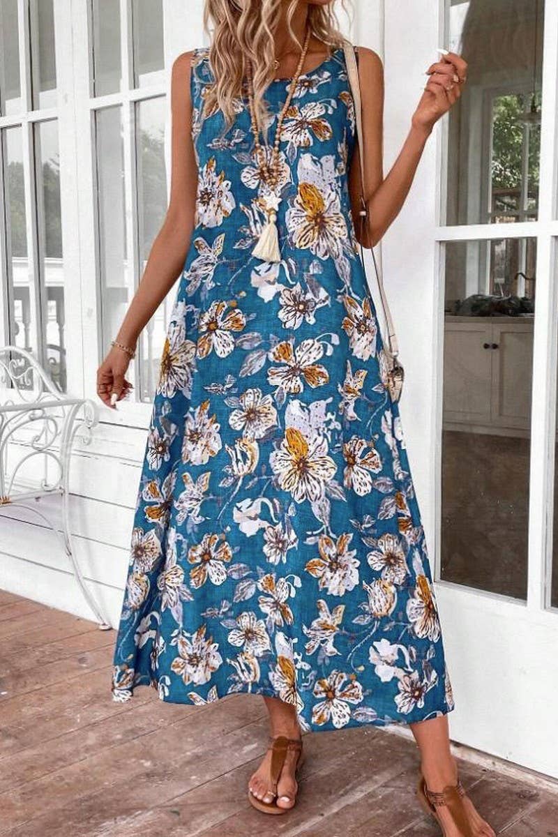 CWDMD5872_SLEEVELESS FLORAL PRINT ROUND NECK A-LINE DRESS