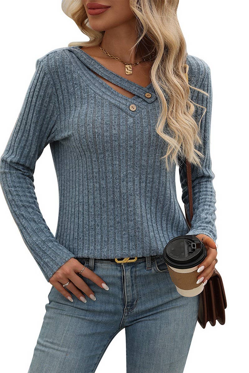CWTBLL1487_RELAXED V NECK RIBBED BUTTON TOP