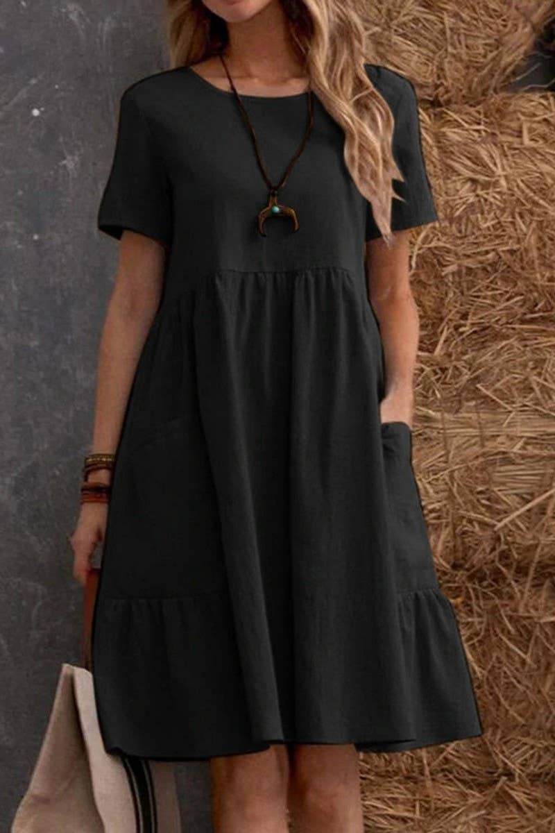 CWDSD8003_SUMMER RETRO LOOSE POCKET SOLID COLOR DRESS