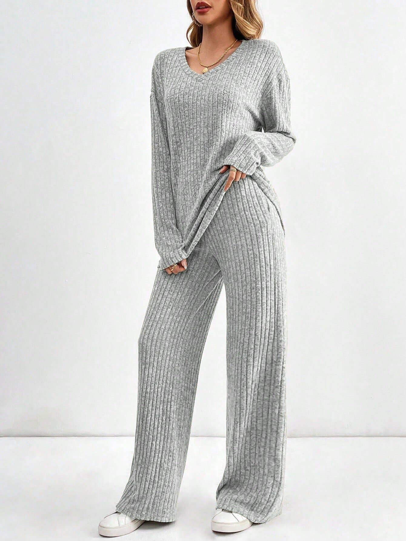 Casual straight-leg pants V-neck striped suit