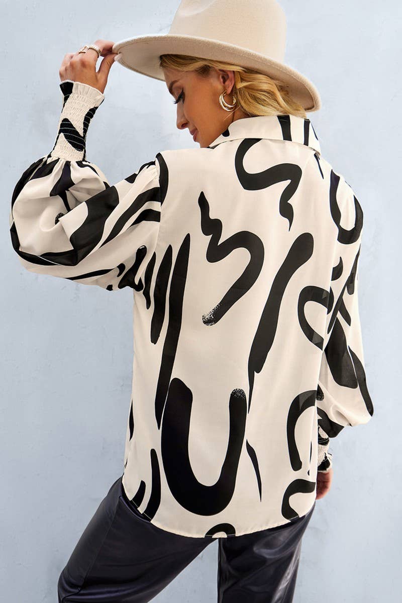 CWTBLL2770_LAPEL LONG SLEEVE PRINTED SHIRT TOP