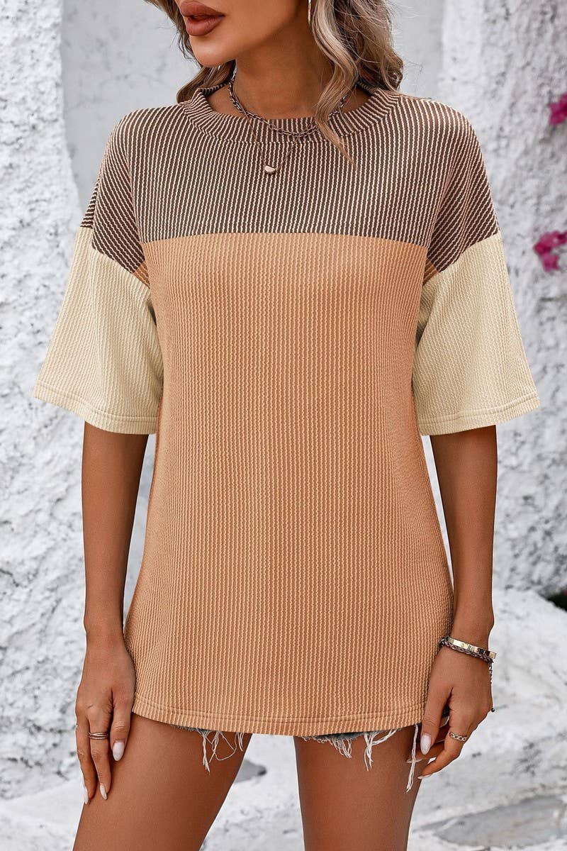 CWTTS1317_SUMMER ROUND NECK COLOR BLOCK LOOSE T-SHIRT