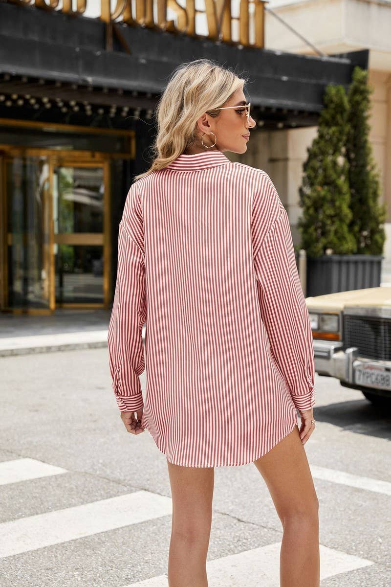 CWTSTL1705_LAPEL BUTTON STRIPE OVERSIZE CASUAL SHIRT