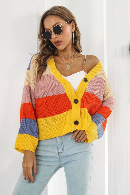 CWOCAL1224_CONTRAST RAINBOW STRIPES LOOSE KNIT CARDIGAN