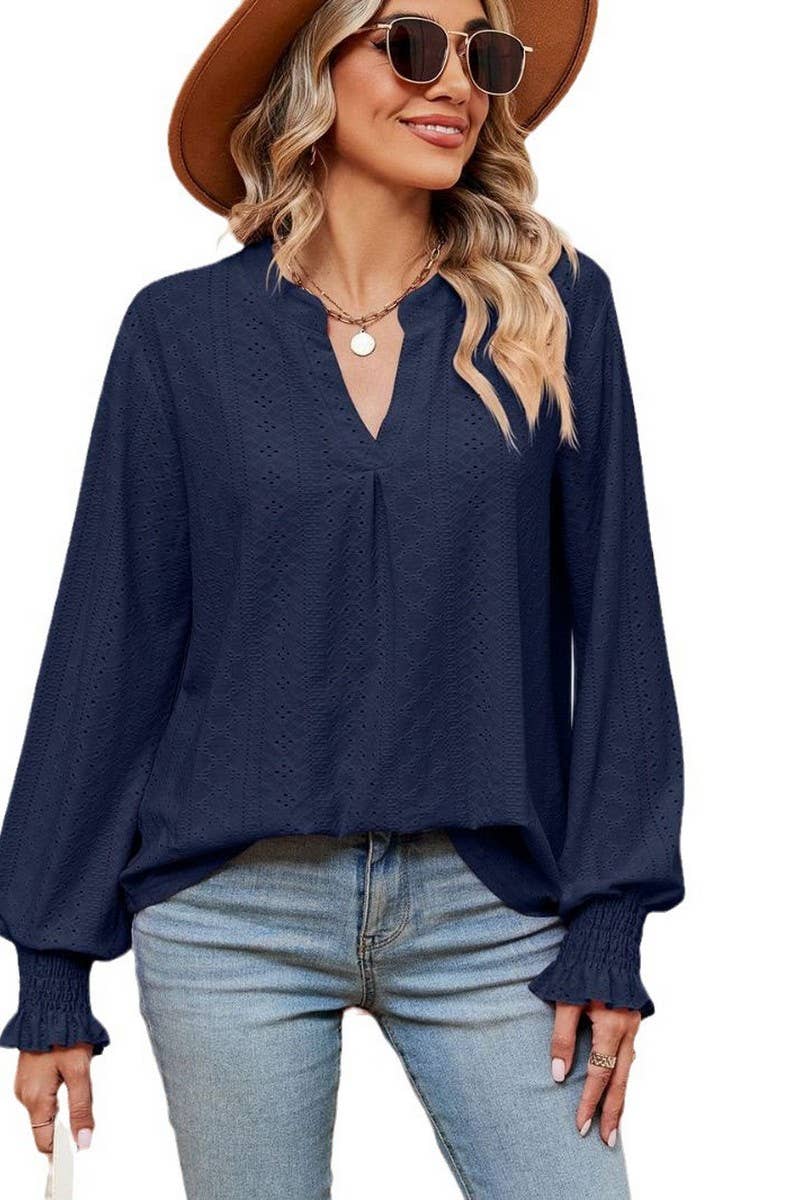 CWTBLL2377_SOLID COLOR V-NECK LOOSE LONG-SLEEVED PULLOVER