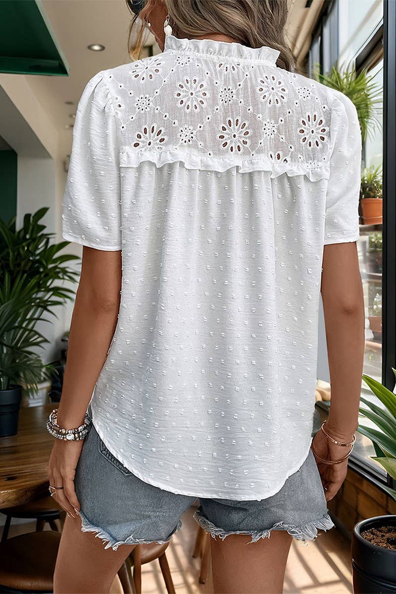 CWTBLS0993_WHITE V-NECK JACQUARD SHIRT