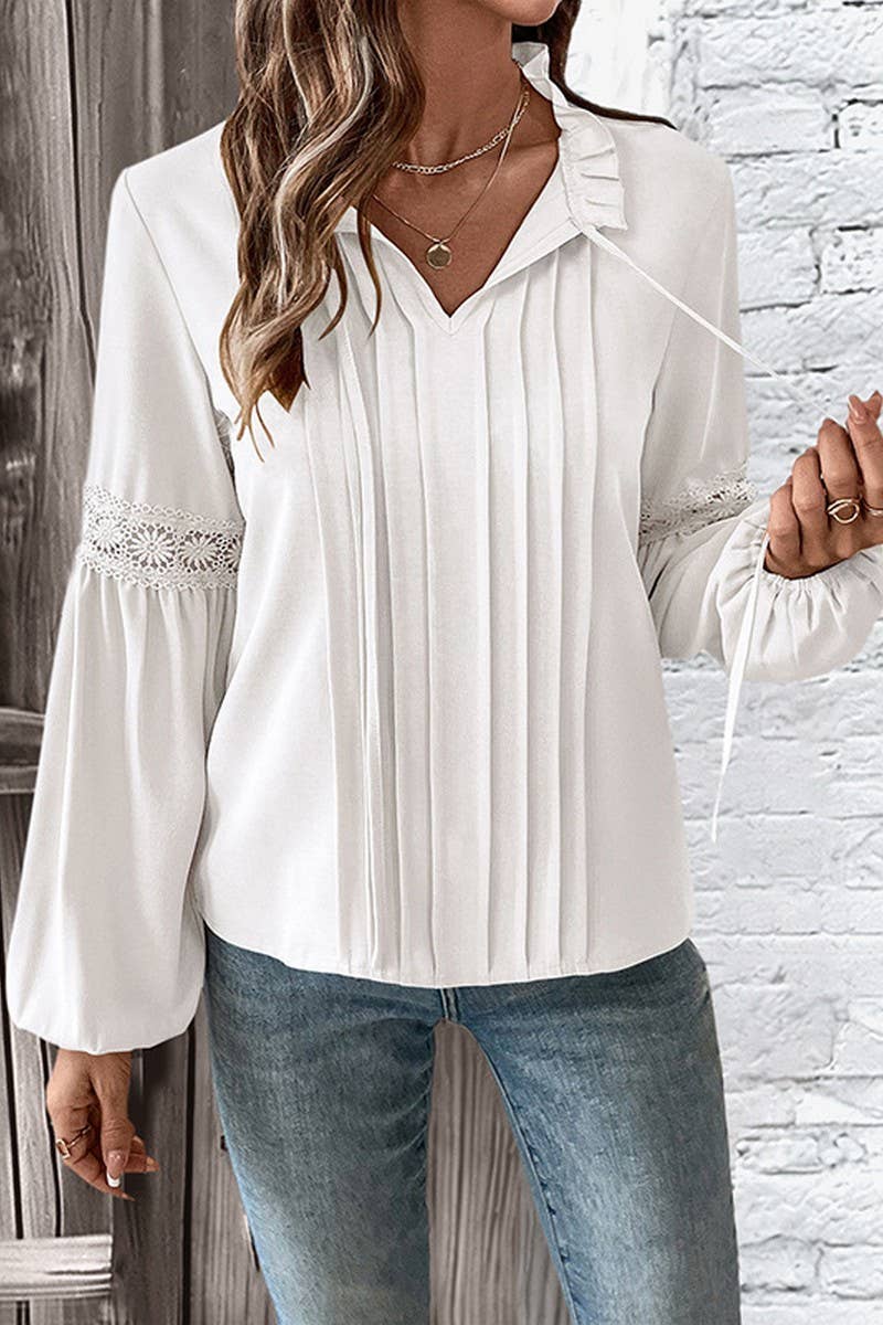 CWTBLL00727_LACE V NECK LONG SLEEVE SOLID PLEATED BLOUSE