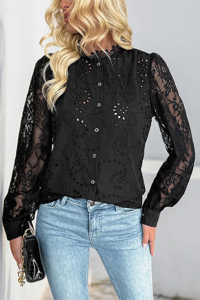 CWTBLL4076_SOLID LACE INSERT ELEGANT SHIRT BLOUSE