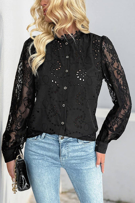 CWTBLL4076_SOLID LACE INSERT ELEGANT SHIRT BLOUSE