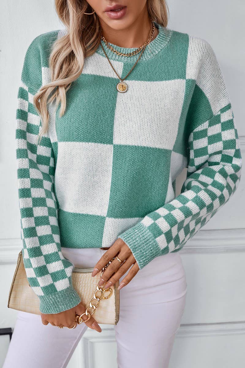 CWOSWL2873_CHECK CONTRAST KNIT SWEATER
