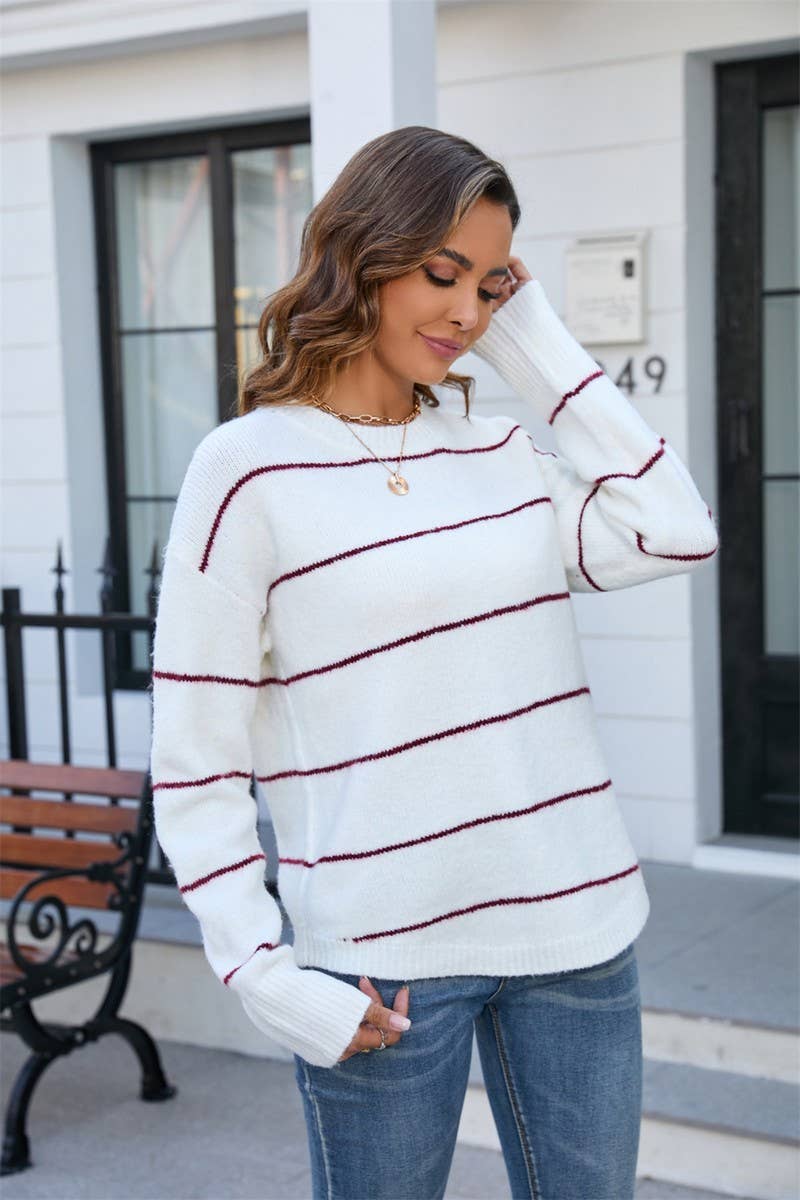 CWOSWL1684_Crew Neck Long Sleeve Striped Pullover Sweater