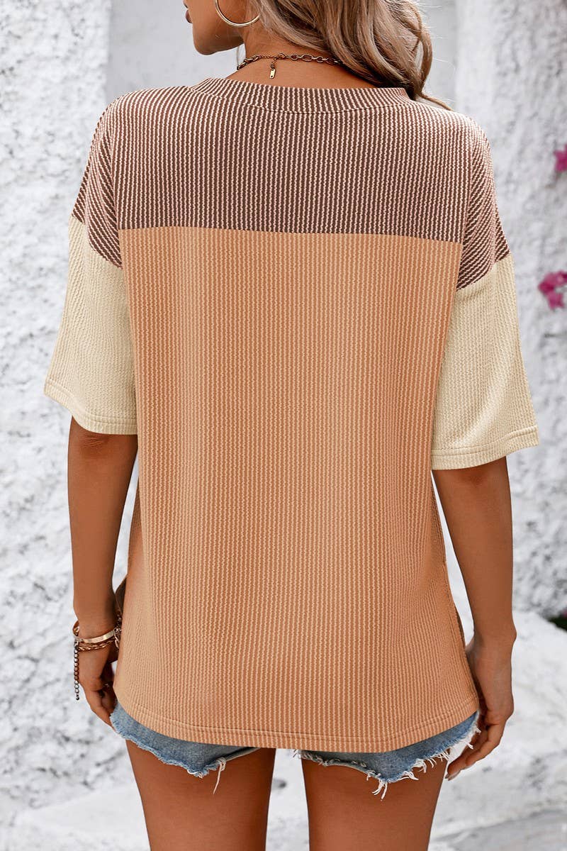 CWTTS1317_SUMMER ROUND NECK COLOR BLOCK LOOSE T-SHIRT