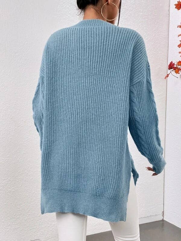 CWOSWL1380_V-Neck Casual Long Sleeve Pullover With Side Slit