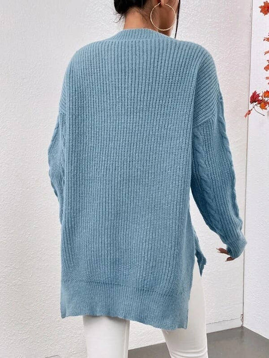 CWOSWL1380_V-Neck Casual Long Sleeve Pullover With Side Slit