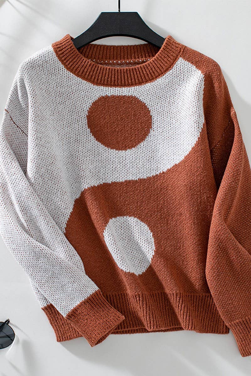CWOSWL2905_TAI CHI PATTERN CONTRAST FITTING PULLOVER KNIT