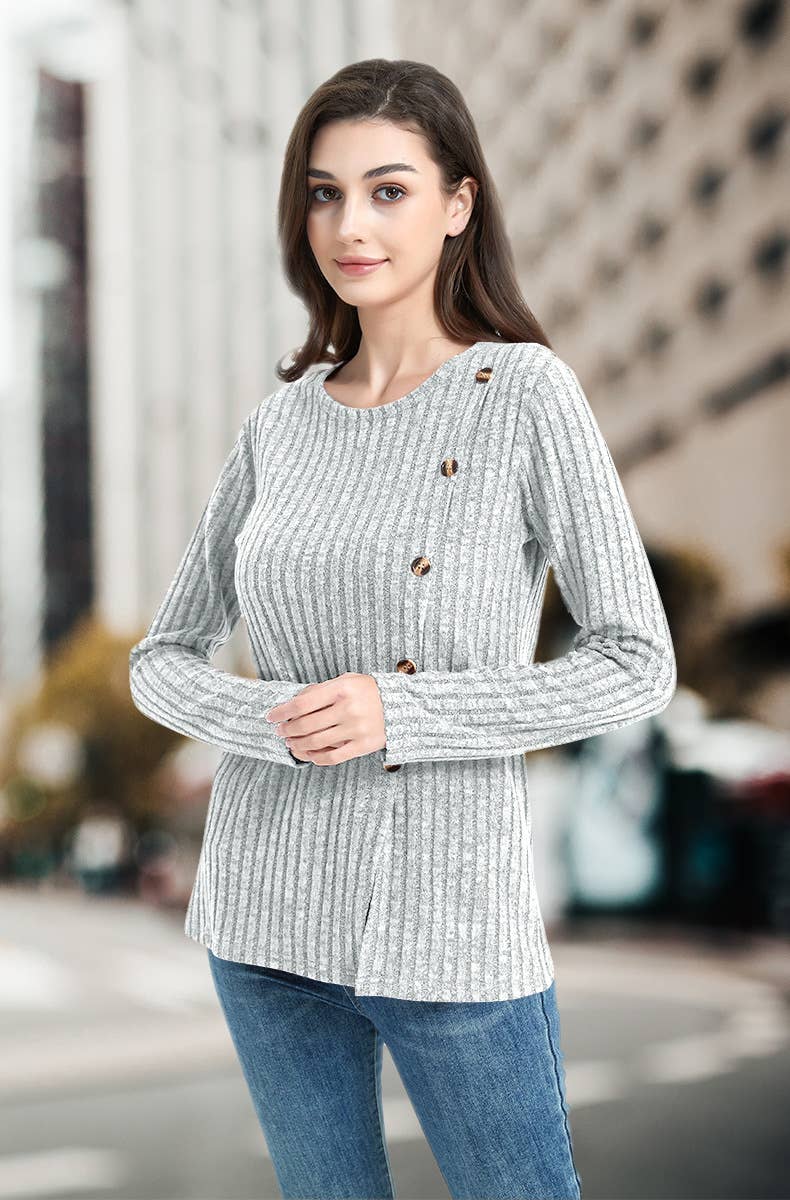 CREW-NECK SOLID COLOR PIT STRIPE BUTTON KNIT