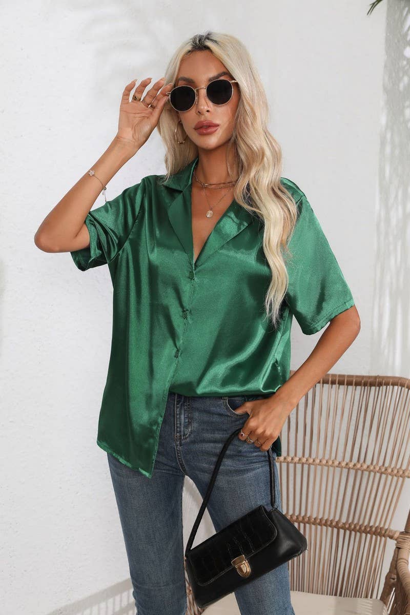 CWTBLS0408_Button Down Silky Satin Short Sleeve Top