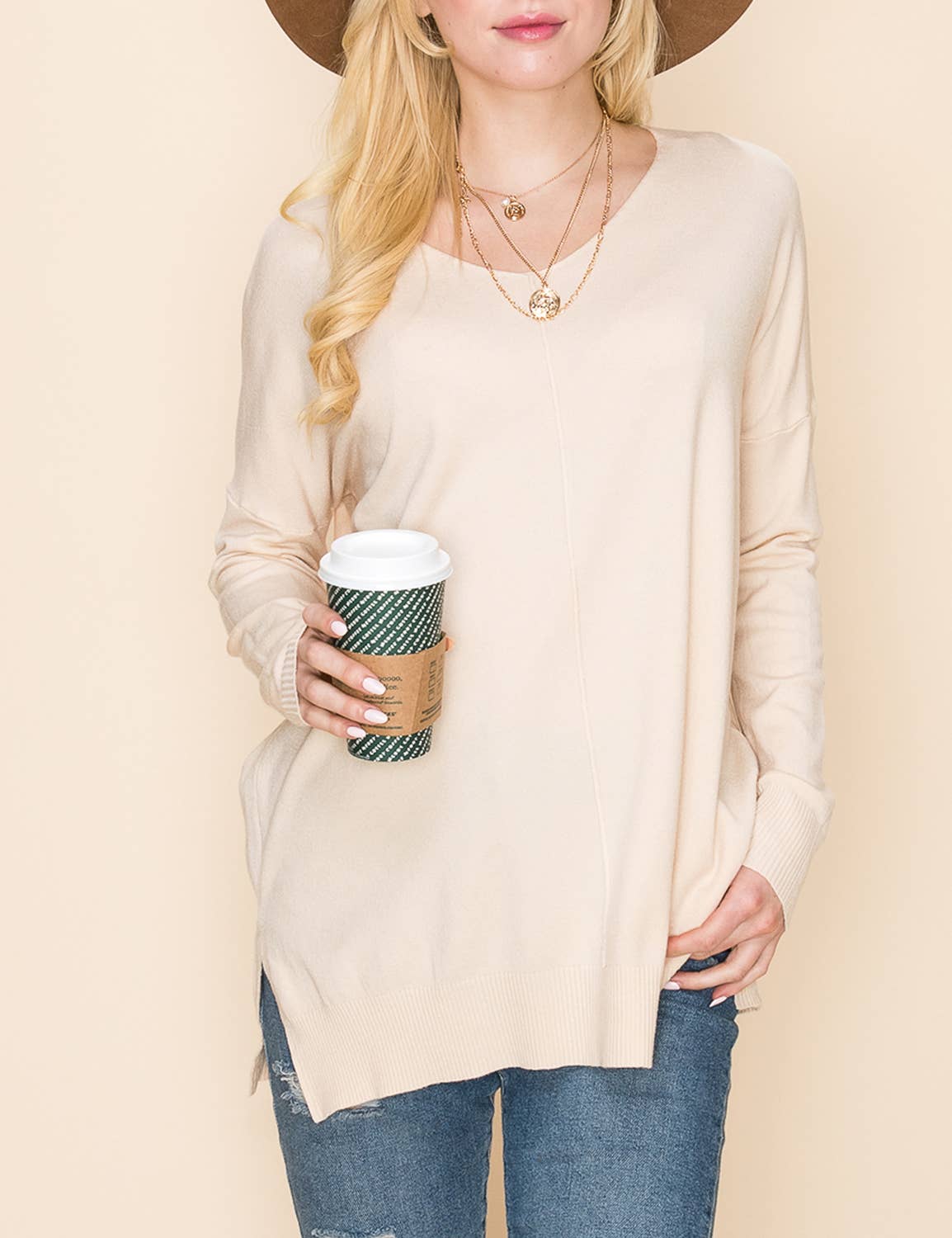 CWOSWL1826_V NECK LOOSE FIT TUNIC LENGTH SOFT SWEATER TOP