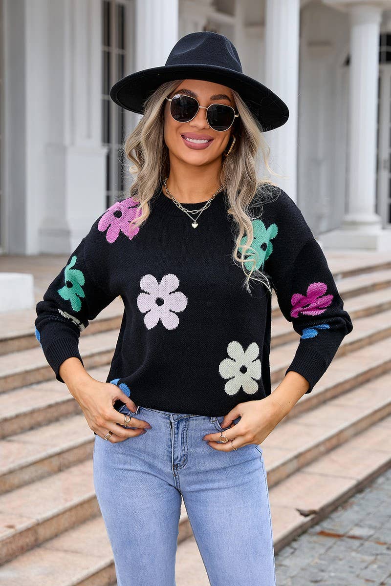 CWOSWL3074_FLORAL COLORBLOCK CASUAL CREWNECK SWEATER