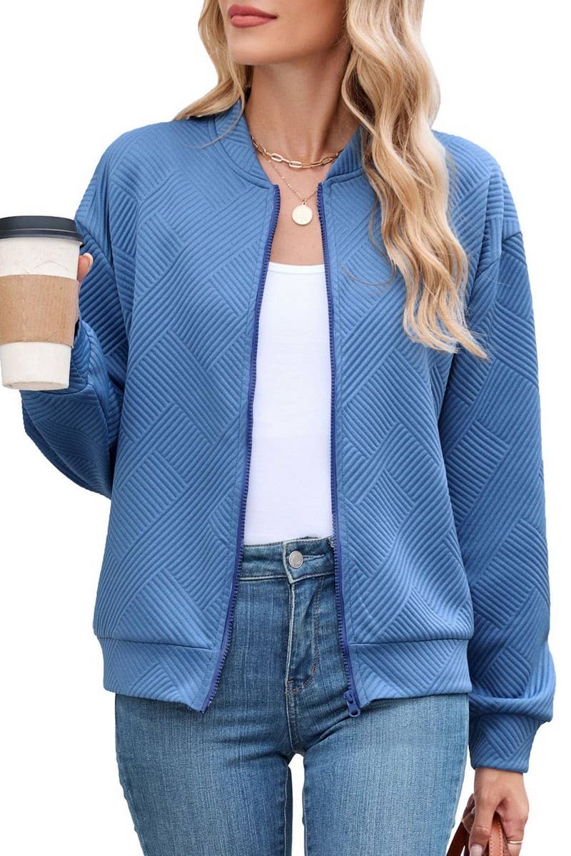 CWOCO00238_SOLID ZIP UP LONG SLEEVE CASUAL BOMBER JACKET