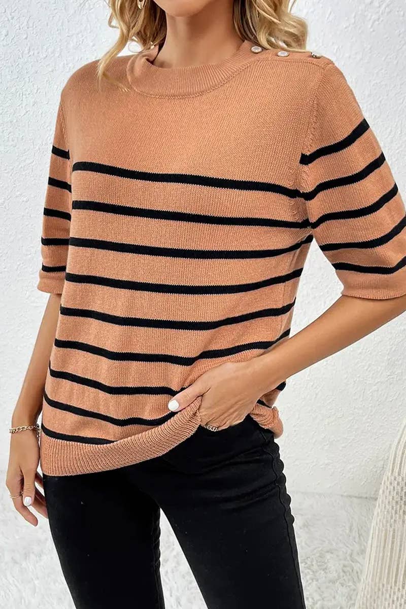 CWTTS1309_STRIPED FASHION ROUND NECK SHORT SLEEVE SWEATER