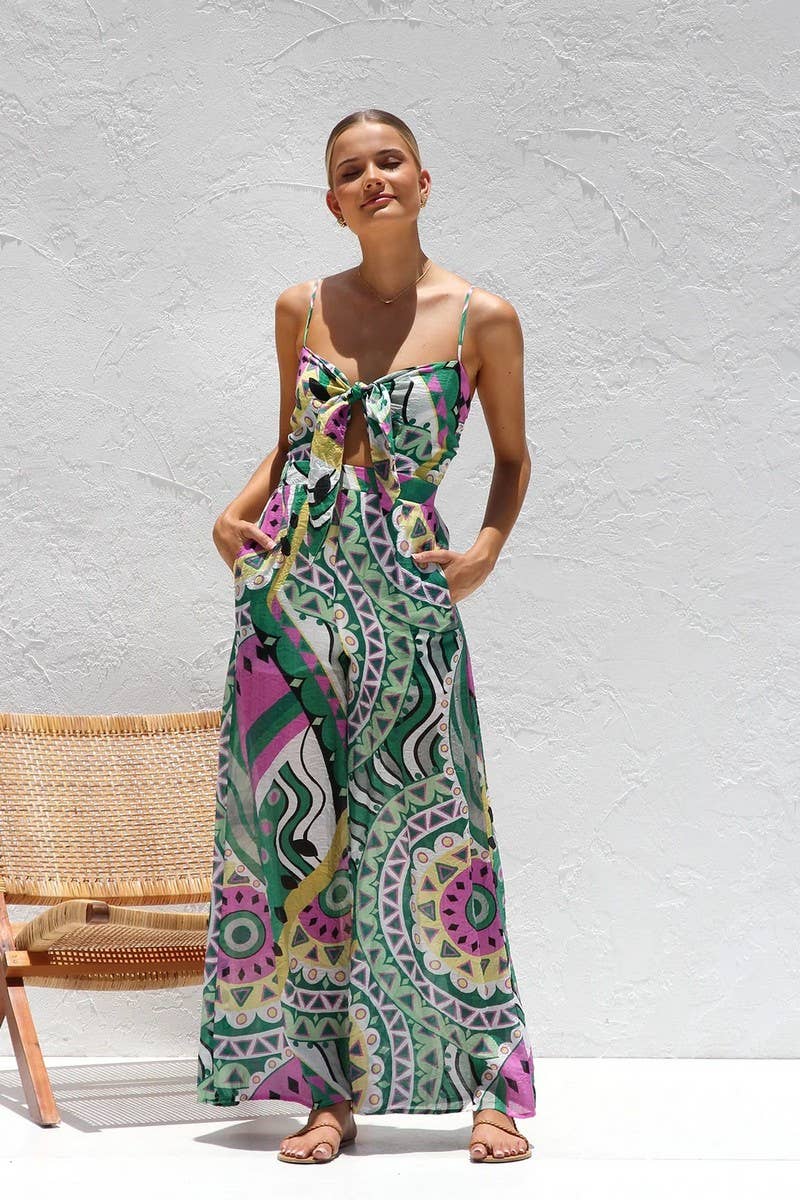CWDHL0992_SPRING AND SUMMER WAIST KNOTTED WIDE-LEG JUMPSUIT