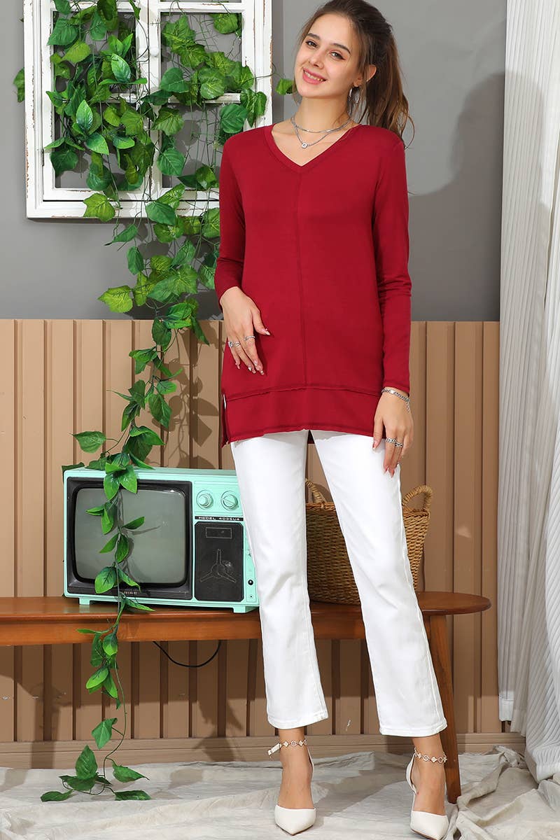 CWTTL968_LONG SLEEVE V NECK SIDE CUT OUT TUNIC TOP