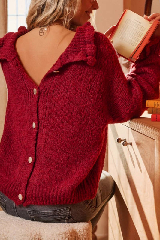 CWOSWL07058_HIGH-NECK RED LOOSE CARDIGAN KNITTED TOP