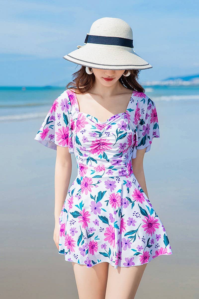 CWMW0866_FLORAL SLIM SHORT SLEEVE ONE-PIECE SWIMSUIT DRESS