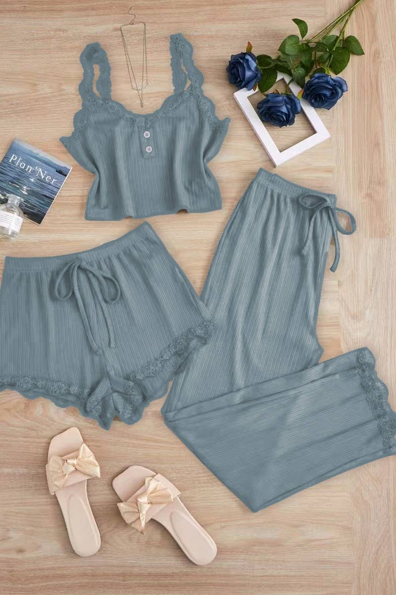 CWSPJ00474_LACE 3 PIECE SLEEPWEAR SHORTS PANTS SET