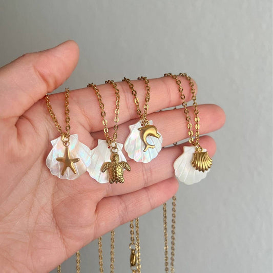 SUMMER STARFISH SHELL STAINLESS STEEL NECKLACE_CWMM3745