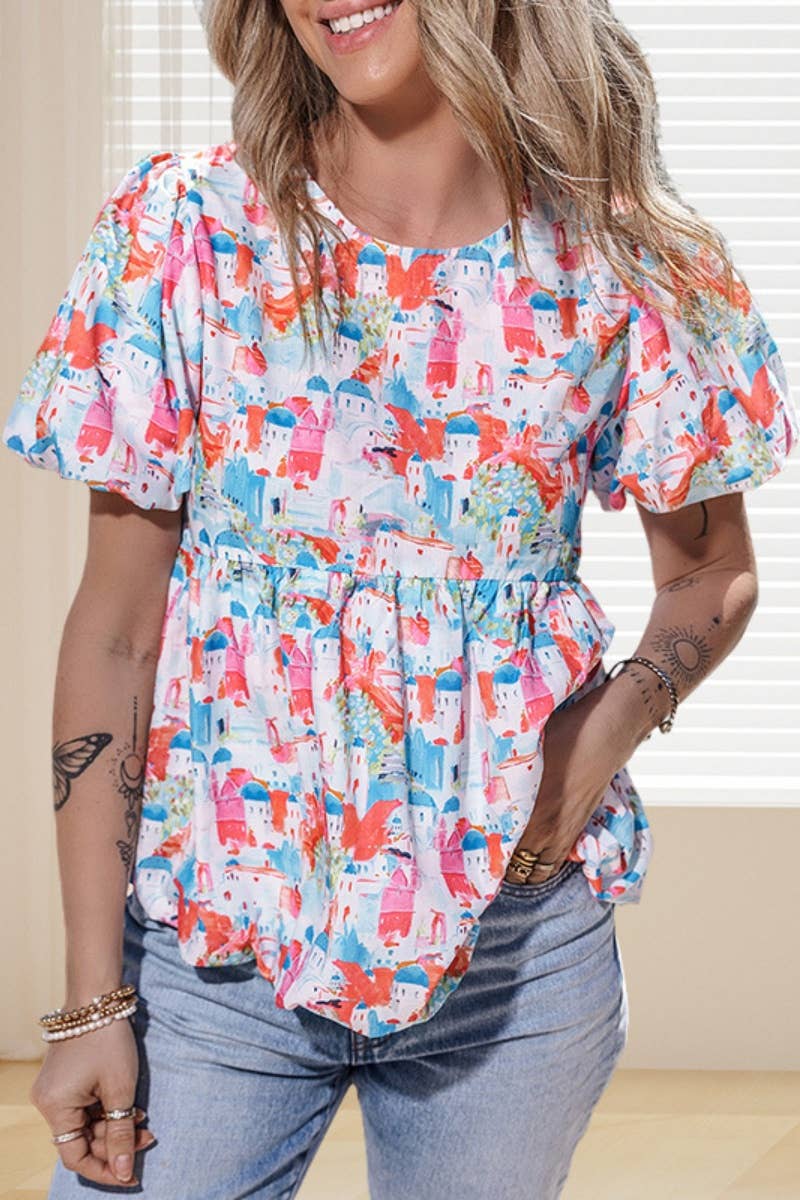 CWTBLS1330_BOHO CREW-NECK FLORAL SHORT-SLEEVED TOP