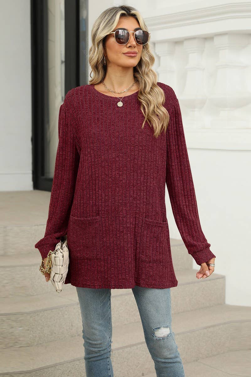 CWTBLL1118_CASUAL ROUND NECK POCKET PUFF SLEEVE LOOSE TOP