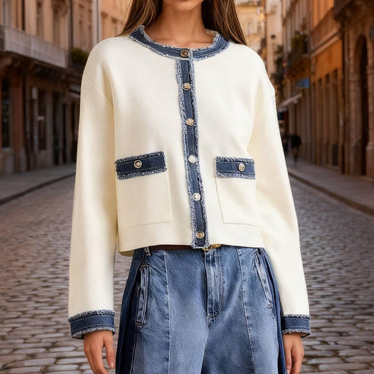 Denim color-blocking round-neck short coat