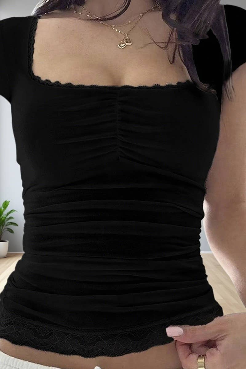 CWTTS00705_SEXY HOT GIRL STYLE LACE SHORT-SLEEVED VEST T-SHI