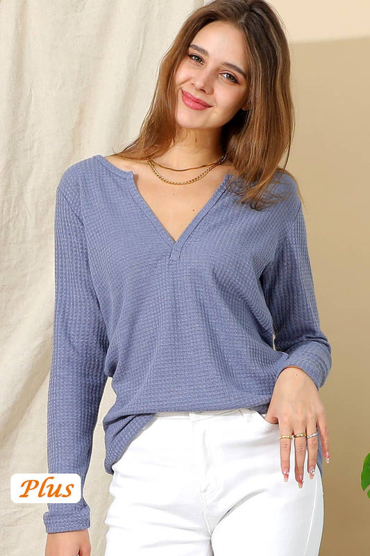 CWTTL1482_Casual V-Neck Loose Fit Long Sleeve Tops