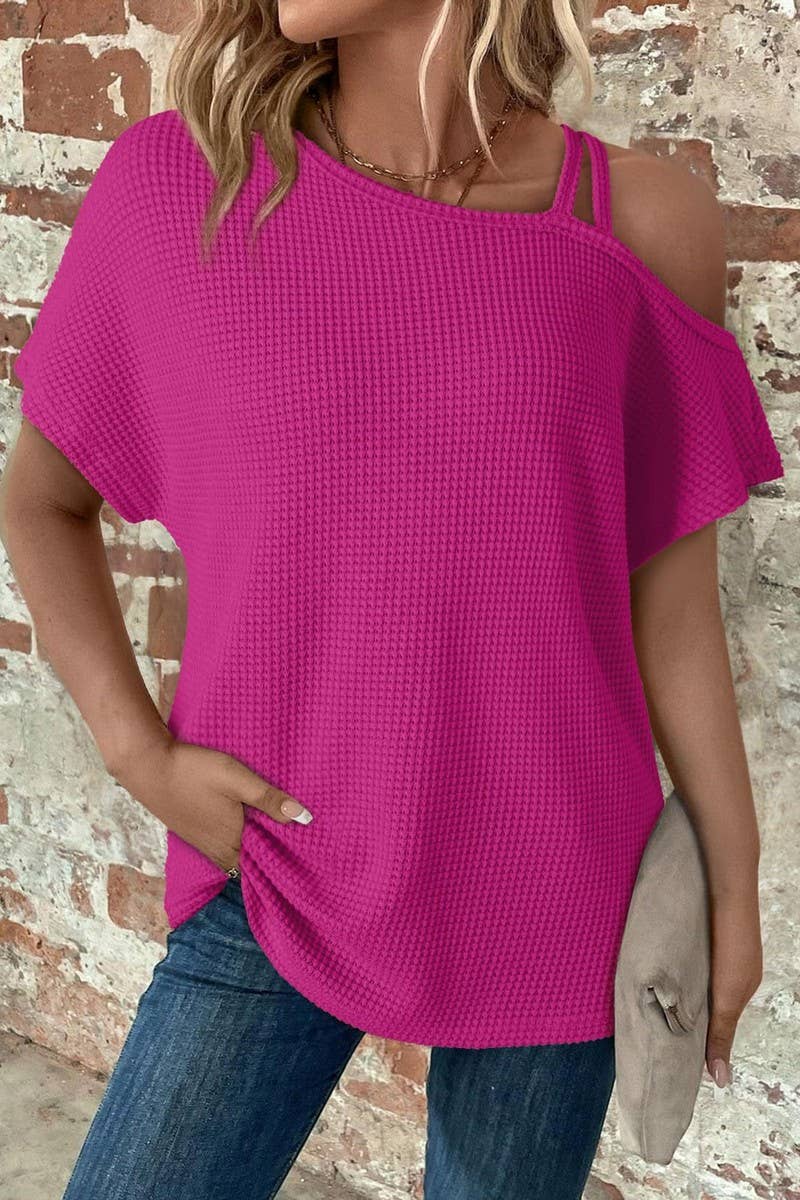 CWTBLS1617_SOLID COLOR OFF-SHOULDER SHORT-SLEEVED KNIT TOP