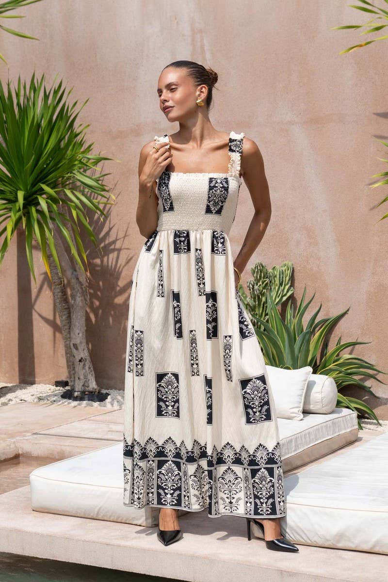 CWDHL1076_SUMMER RESORT STYLE PRINTED SUSPENDER BEACH DRESS