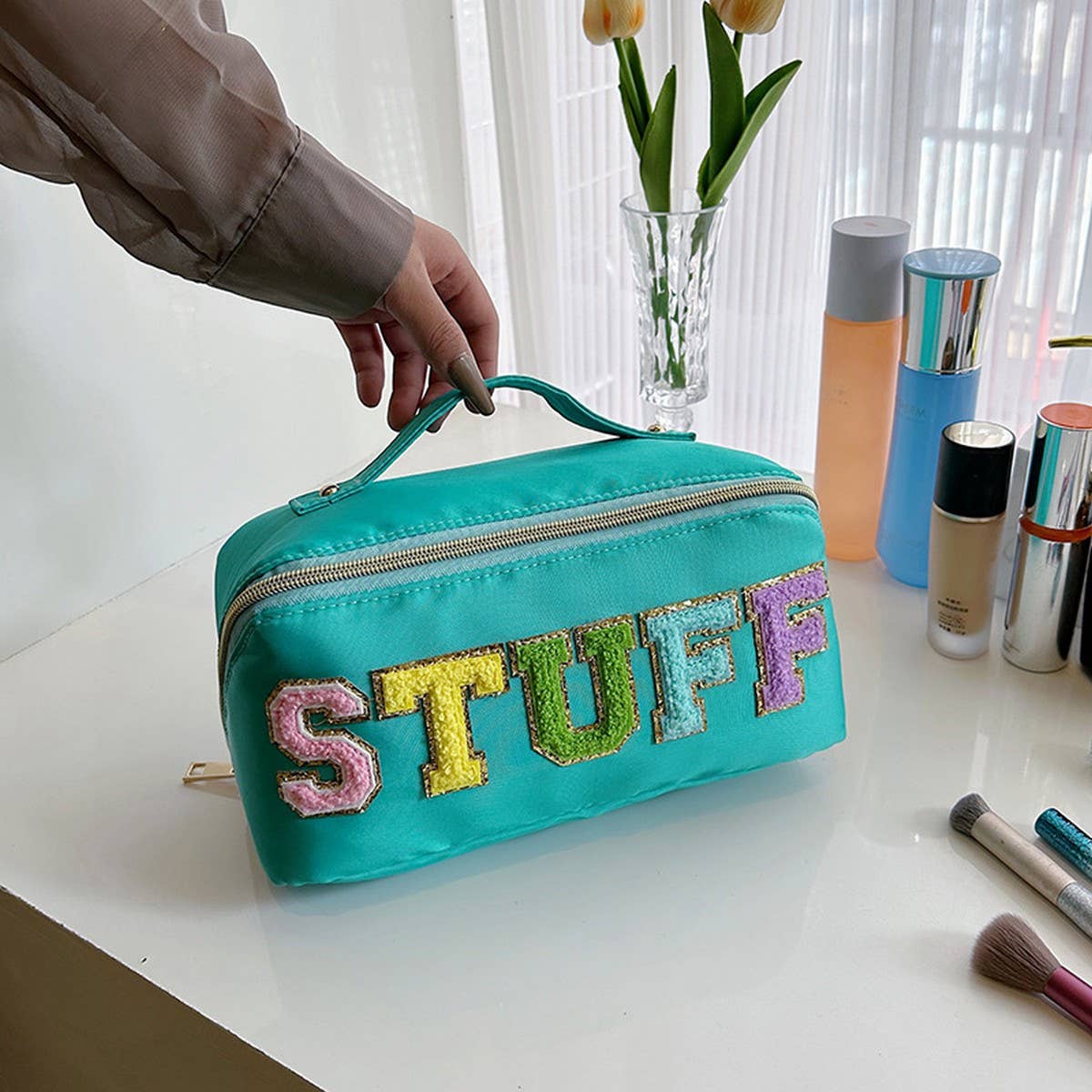 NYLON HAND-HELD FLOCKING LETTER COSMETIC BAG_CWAB4383
