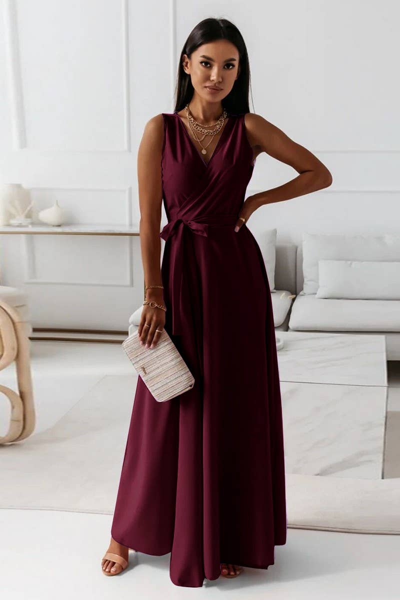 CWDMD6334_TIE WAIST V-NECK EVENING LONG GOWN DRESS