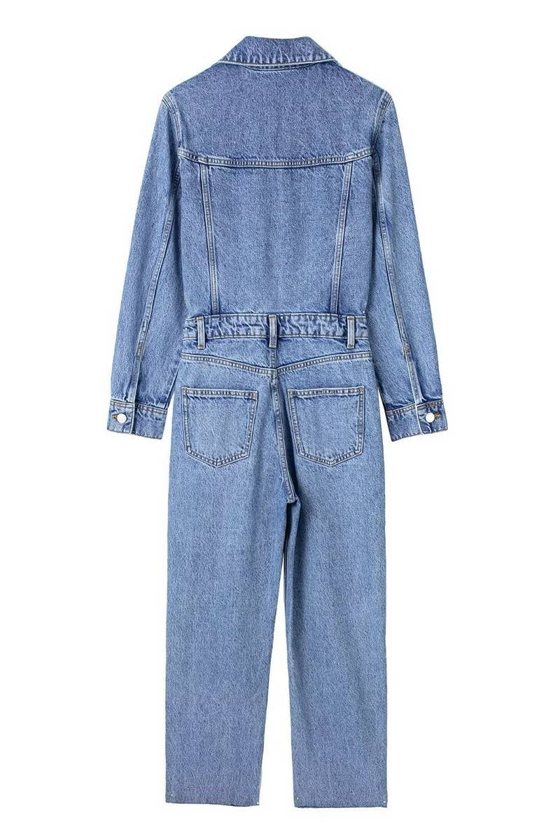 CWSJS1261_LAPEL SINGLE BREASTED STRAIGHT DENIM JUMPSUIT