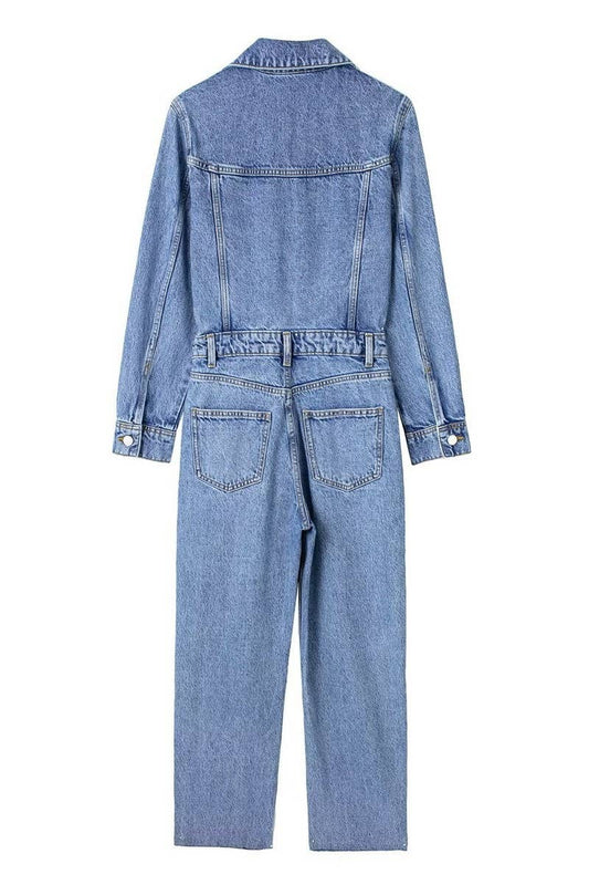 CWSJS1261_LAPEL SINGLE BREASTED STRAIGHT DENIM JUMPSUIT