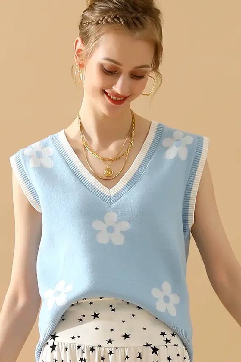 CWTBLS1762_SPRING AND SUMMER V-NECK SLEEVELESS FLORAL VEST