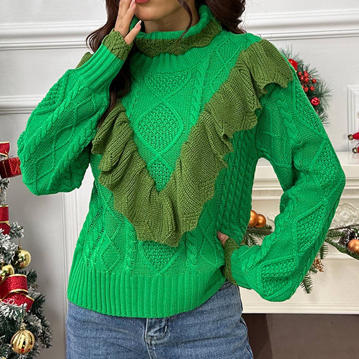 Christmas half-turtleneck ruffled pullover sweater