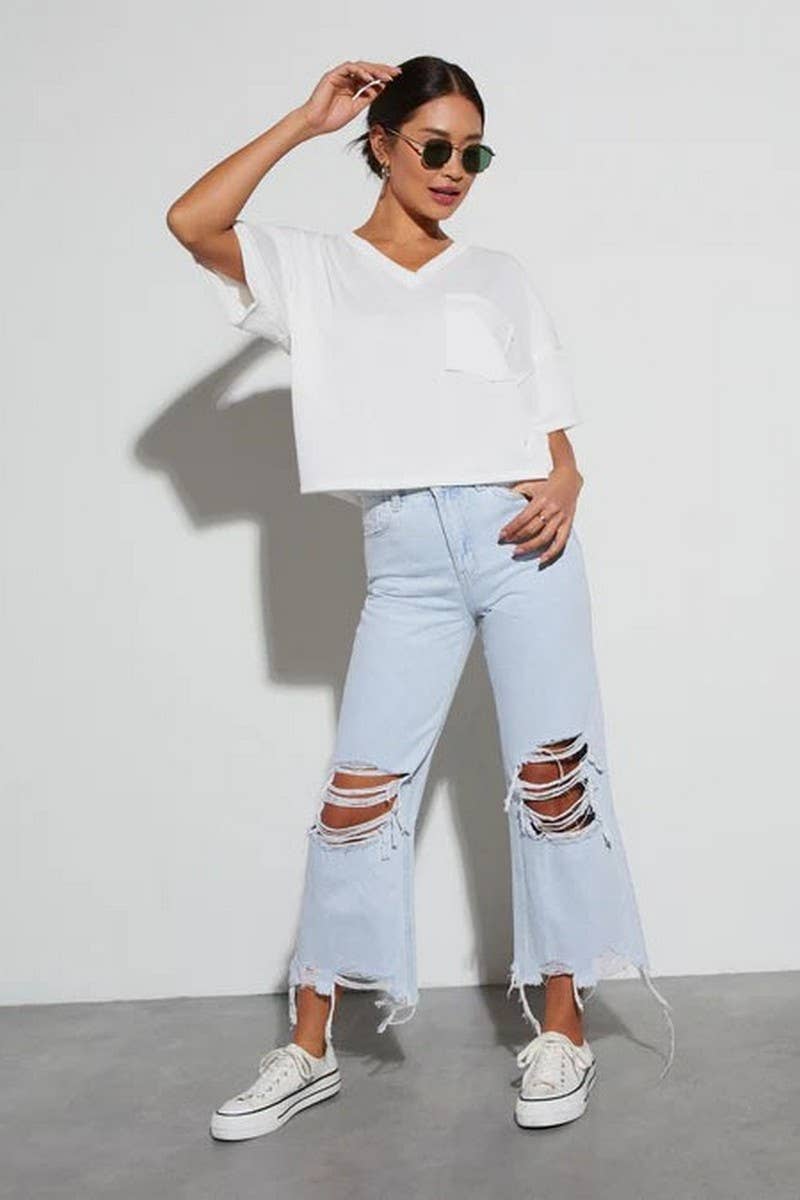 CWJP0595_VINTAGE WIDE LEG RIPPED STRAIGHT DENIM PANTS