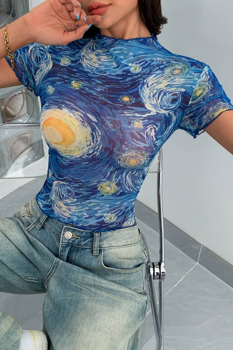 CWTBLS2108_STYLISH BLUE PRINTED MOCK NECK MESH TOP