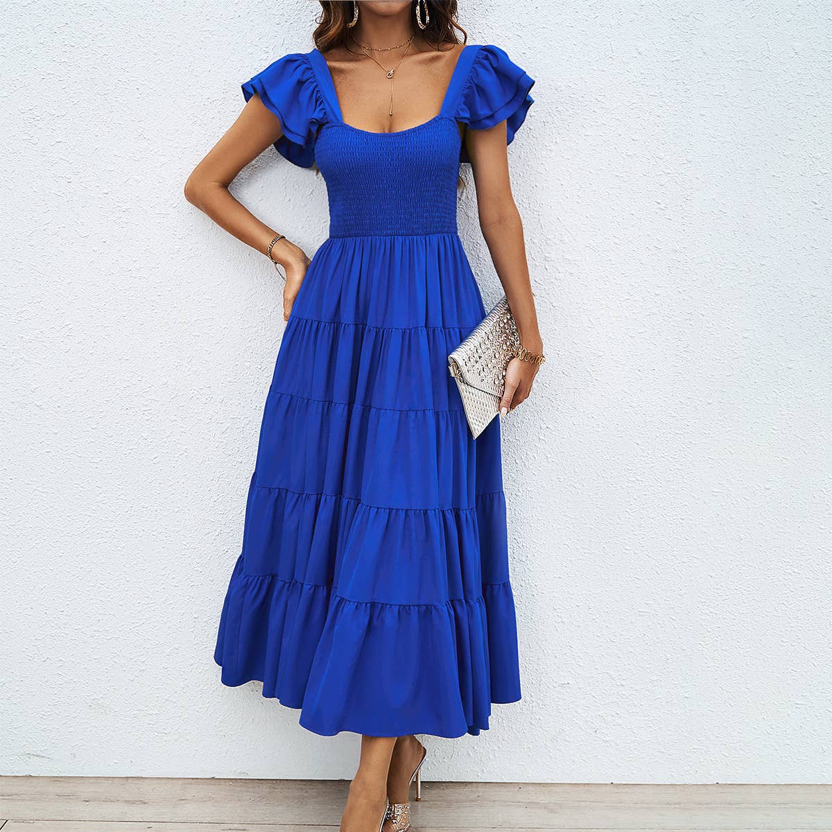 CASUAL SQUARE COLLAR PRINT PLEATED DRESS