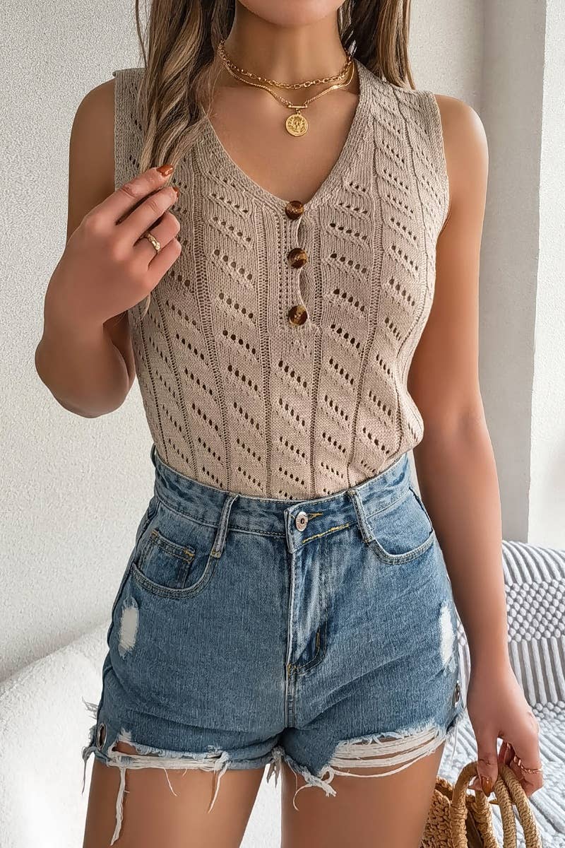 CWOV0293_KNIT BUTTON V-NECK HOLLOWED OUT SLEEVELESS TOP